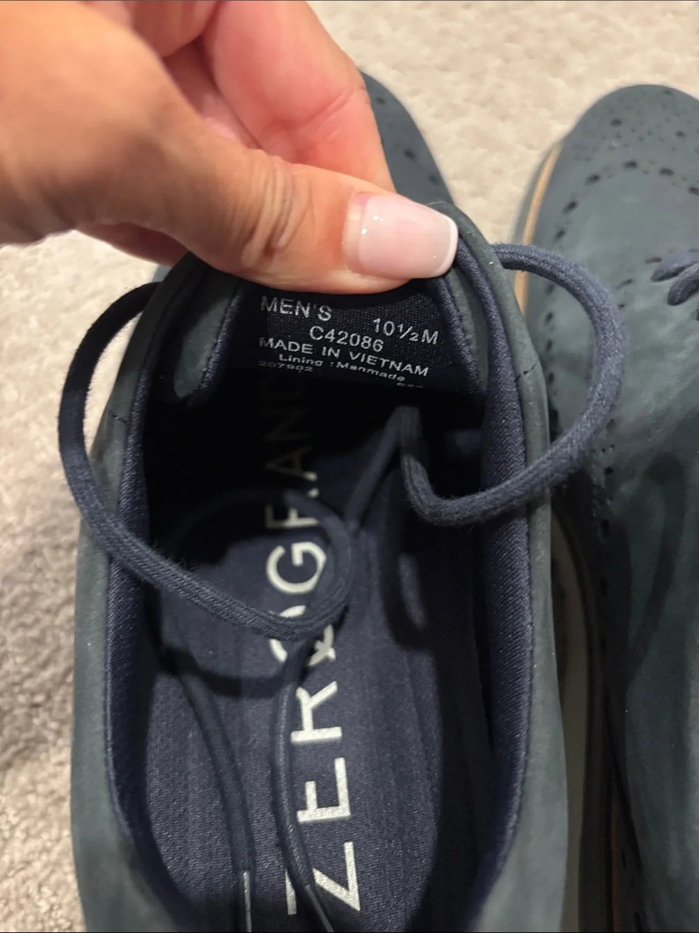 Cole Haan Navy Nubuck Wingtip Derby with Tan Trim